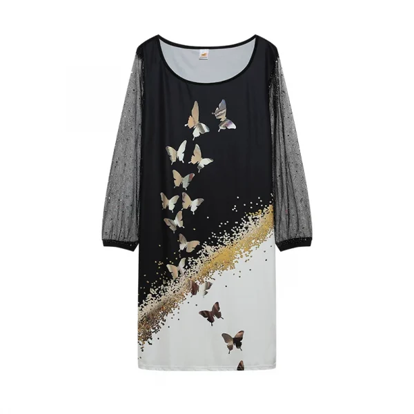 فستان نسائي من الشاش بتصميم ربيعي جديد موديل 2024 برقبة دائرية مزين بالترتر ومنظور