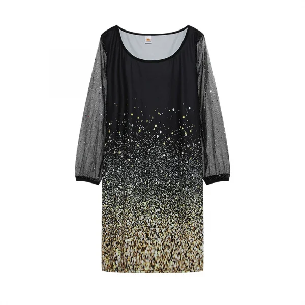 فستان نسائي من الشاش بتصميم ربيعي جديد موديل 2024 برقبة دائرية مزين بالترتر ومنظور