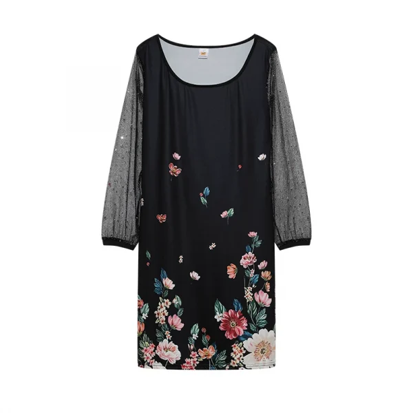 فستان نسائي من الشاش بتصميم ربيعي جديد موديل 2024 برقبة دائرية مزين بالترتر ومنظور