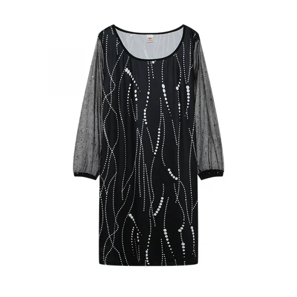 فستان نسائي من الشاش بتصميم ربيعي جديد موديل 2024 برقبة دائرية مزين بالترتر ومنظور