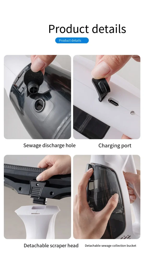 ماكينة تنظيف النوافذ الكهربائية اللاسلكية متعددة الوظائف، أدوات تنظيف الزجاج المحمولة الأوتوماتيكية القابلة لإعادة الشحن باللون الأبيض