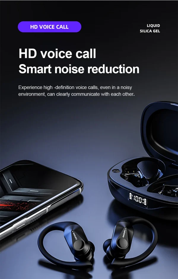 سماعات لينوفو LP75 الرياضية اللاسلكية مع ميكروفون، زر التحكم، شاشة عرض الطاقة LED، سماعات هاي فاي ستيريو بلوتوث 5.3 TWS