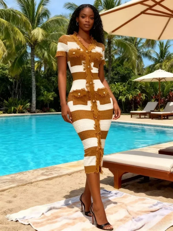 فستان نسائي أنيق مخطط برقبة على شكل حرف V صيفي بأكمام قصيرة ومتماسك بشرابة فساتين ضيقة للنساء
