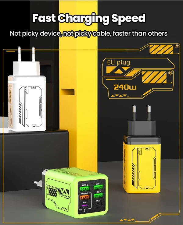 240 واط 6 منافذ 4USB + 2 نوع C شحن سريع للغاية شاحن الهاتف المحمول USB3.0 PD3.0 الاتحاد الأوروبي/المملكة المتحدة/الولايات المتحدة شاحن آيفون 17 16 سامسونج POCO