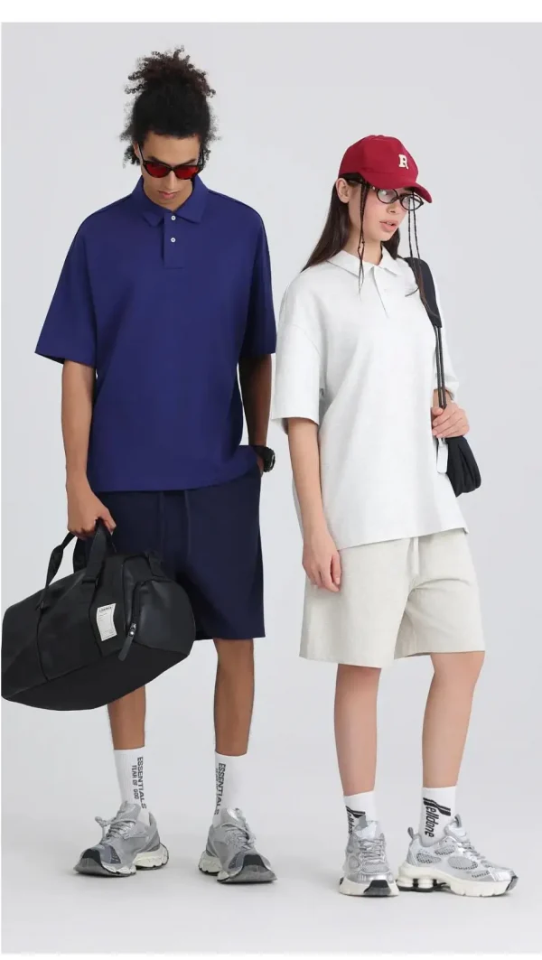 275 جرامًا من القطن الخالص بلون فضفاض قصير الأكمام قميص بولو قم بتخصيص تصميم نص الصورة الخاص بك للنساء والرجال