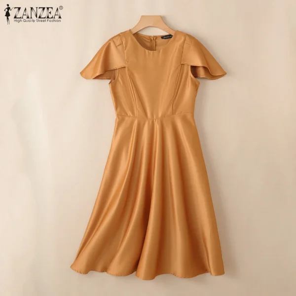 فستان حفلة أنيق من زانزيا 2025 للنساء لصيف العمل، فساتين OL مكتبية، فستان ساتان مكتبي، فستان صيفي قصير الأكمام متوسط الطول، فستان صلب
