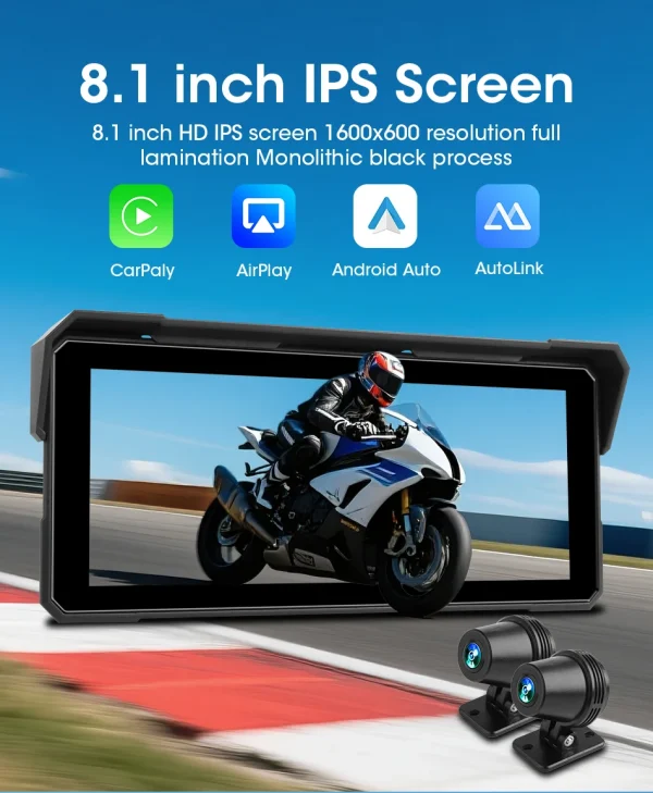 جانسايت محمول 8.1 بوصة IP67 مقاوم للماء للدراجات النارية 4K DVR نظام تحديد المواقع والملاحة اللاسلكية Carplay أندرويد السيارات موتو مسجل مراقب