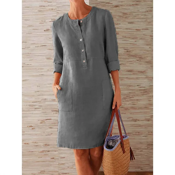 فستان نسائي كاجوال Soild بأكمام طويلة من القطن والكتان فستان تونك عتيق مستقيم بأكمام طويلة فستان قصير كبير الحجم بطول الركبة