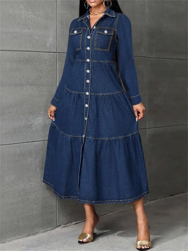 Wmstar فستان الدنيم المرأة عادية زر سترة طويلة الأكمام فساتين موضة ملابس الشارع الشهير ملابس الربيع الجديدة بالجملة دروبشيبينغ