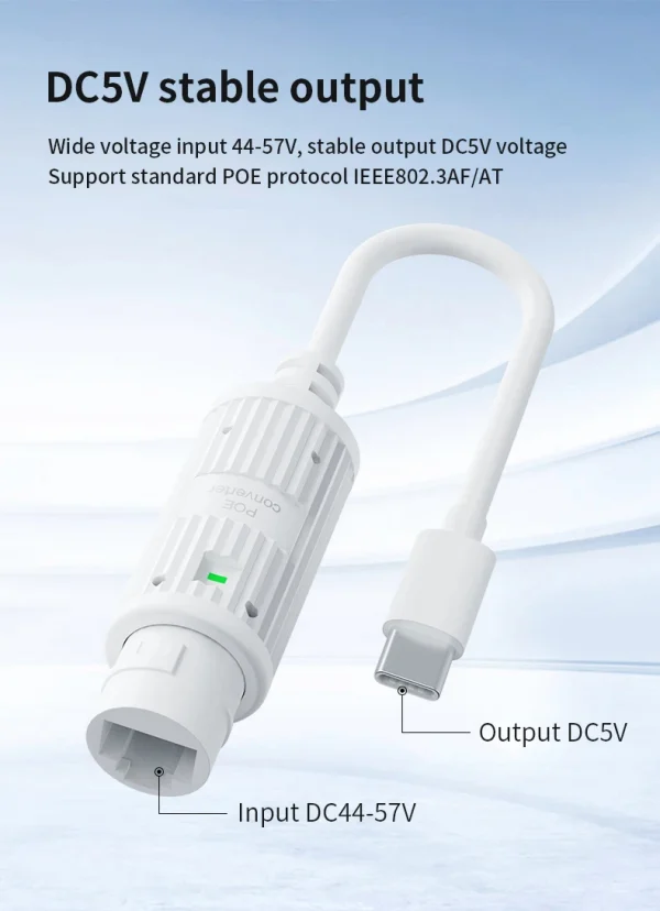48V to 5V Water proof PoE Converter, RJ45 Port Output 5V/2A, IEEE802.3af/at for Passive 5V Devices