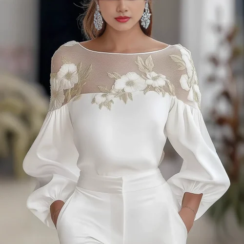 2025 جديد وصول المرأة النمط الأوروبي الأمريكي شير الشيفون الأعلى-كم طويل طاقم الرقبة شبكة لوحة الرقمية تي شيرت مطبوع