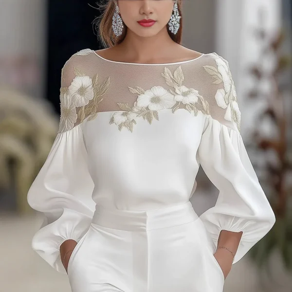 2025 جديد وصول المرأة النمط الأوروبي الأمريكي شير الشيفون الأعلى-كم طويل طاقم الرقبة شبكة لوحة الرقمية تي شيرت مطبوع