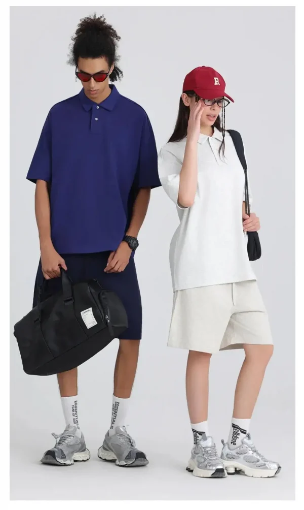 275 جرامًا من القطن الخالص بلون فضفاض قصير الأكمام قميص بولو قم بتخصيص تصميم نص الصورة الخاص بك للنساء والرجال