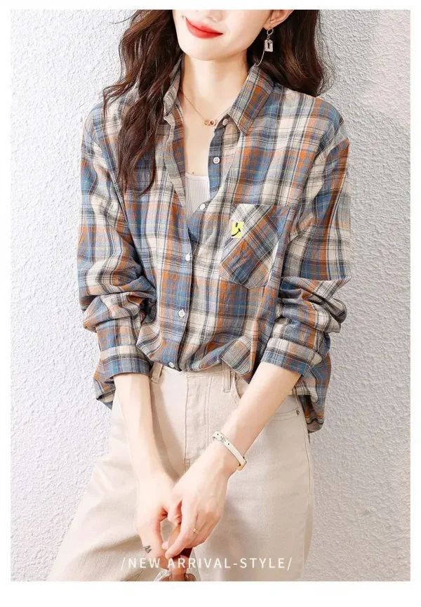 قميص مربعات للنساء في فصلي الربيع والخريف، قميص قطن خالص عصري ورجعي يتم ارتداؤه مع أجنبي