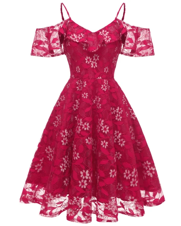 فستان نسائي صيفي أنيق بكشكش من الدانتيل المزهر باللون الواحد، كتف مكشوف، للأجازات، بأكمام كشكش، فساتين سهرة وحفلات