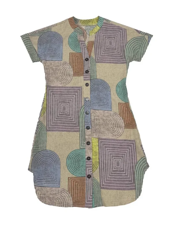 2025 ملابس نسائية أوروبية وأمريكية التجارة الخارجية أمازون صيفي بطباعة هندسية أنيقة على شكل حرف V وأزرار لأعلى