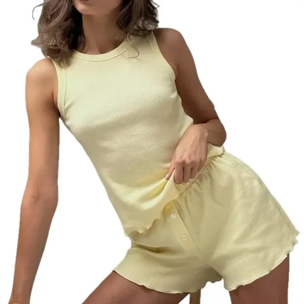 طقم بيجاما نسائي لفصلي الربيع والصيف لون سادة، قمة دون أكمام مريحة وشورت، ملابس منزلية عادية، طقم من قطعتين للمنام والراحة