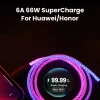 Fast Charging RGB Cable 100W Breathing Light 66W Type C USB C Data Cable for iPhone Samsung Huawei 30W Quick Charge for Xiaomi