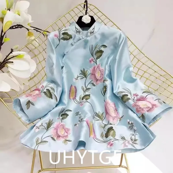 ربيع الخريف العرقية نمط تانغ دعوى معطف الرجعية التطريز زر الصينية أعلى المرأة بلوزة أنيقة فضفاضة الصينية أعلى 3126