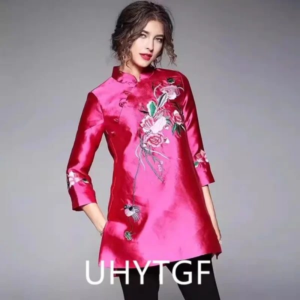 ربيع الخريف العرقية نمط تانغ دعوى معطف الرجعية التطريز زر الصينية أعلى المرأة بلوزة أنيقة فضفاضة الصينية أعلى 3126