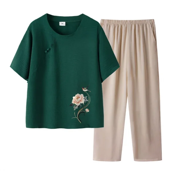 عادية الأزهار طباعة قصيرة الأكمام رقيقة أمي مجموعة الصيف فضفاض تي شيرت الجدة الملابس قطعتين دعوى البوليستر دنة مزيج