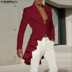 INCERUN Men Irregular Blazer V Neck Long Sleeve Ruffle One Button Male Suit Streetwear Pleated Fashion Casual Thin Coats Blazer