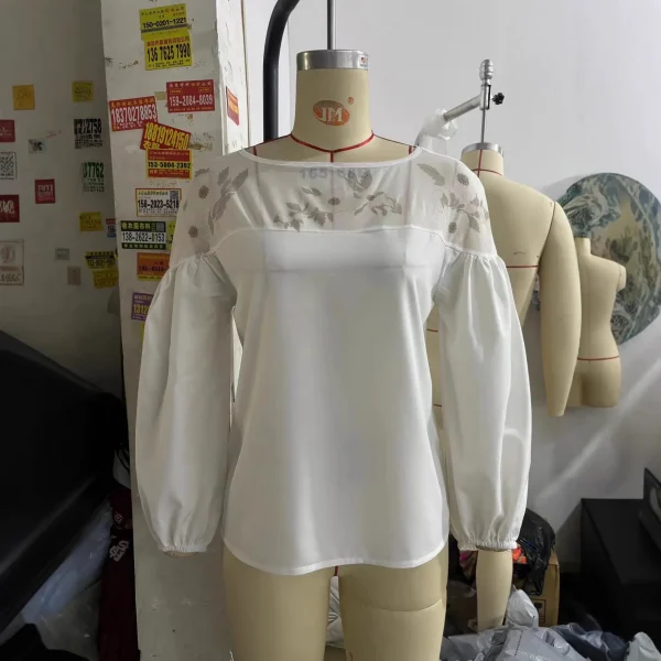 2025 جديد وصول المرأة النمط الأوروبي الأمريكي شير الشيفون الأعلى-كم طويل طاقم الرقبة شبكة لوحة الرقمية تي شيرت مطبوع