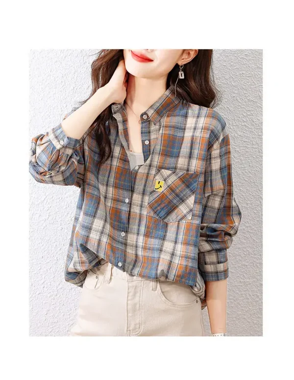 قميص مربعات للنساء في فصلي الربيع والخريف، قميص قطن خالص عصري ورجعي يتم ارتداؤه مع أجنبي
