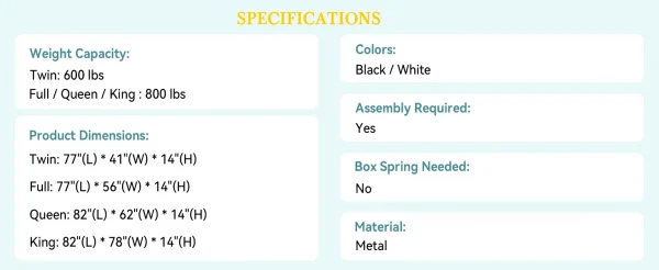 إطار سرير HOOMIC مقاس 14 بوصة مزدوج/كامل/Quen/King ذو منصة معدنية مع مساحة تخزين، لا حاجة إلى صندوق زنبركي، سهل التجميع