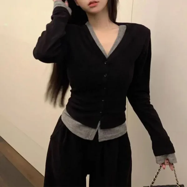 موضة ملابس النساء قميص قطعتين مزيف متناسق بالكامل شتوي جديد بلوزات بأكمام طويلة بتصميم رقع للسيدة العاملة تونيك محبوك