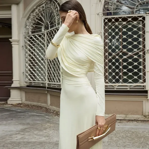 فستان طويل مثير مكشكش بأكمام طويلة للنساء لخريف وشتاء جديد غير منتظم بياقة دائرية وخصر عالٍ فستان حفلات للنوادي للسيدات