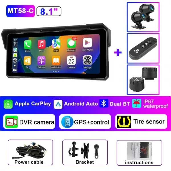 جانسايت محمول 8.1 بوصة IP67 مقاوم للماء للدراجات النارية 4K DVR نظام تحديد المواقع والملاحة اللاسلكية Carplay أندرويد السيارات موتو مسجل مراقب