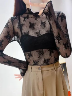 قميص داخلي من الدانتيل برقبة عالية لخريف وشتاء جديد للسيدات، قميص شبكي خشبي راقي وأنيق