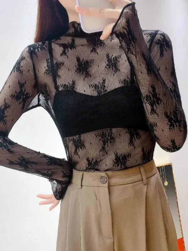 قميص داخلي من الدانتيل برقبة عالية لخريف وشتاء جديد للسيدات، قميص شبكي خشبي راقي وأنيق