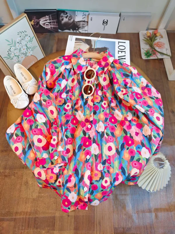 فستان للفتيات للربيع والصيف من عمر 2-8 سنوات بطباعة كاملة على شكل زهرة ورسم زيتي على شكل طية صدر السترة فستان الأميرة بصدر واحد للفتيات