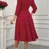 فستان ميدي ربيع وصيف للنساء باللون بورجوندي بنقاط البولكا، بأكمام ثلاثة أرباع، وياقة على شكل V، بقصة A، أنيق وكاجوال، فستان يومي وحفلات