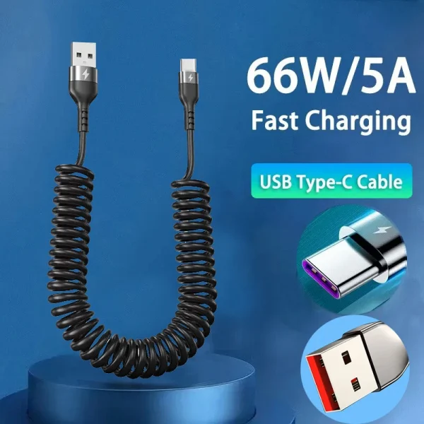 USB نوع C 66 واط سيارة 5A شحن سريع نوع C إلى نوع C الربيع تلسكوبي كابل آيفون 15 سامسونج هواوي شاومي Redmi OnePlus