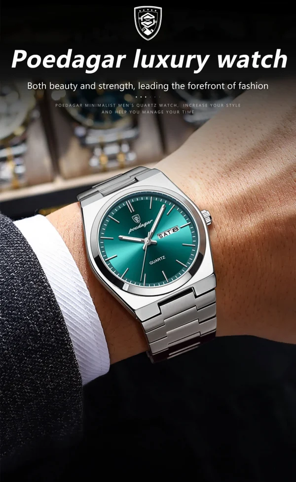 POEDAGAR ساعات رجالية فاخرة مقاوم للماء مضيئة تاريخ الأسبوع الرجال ساعة الفولاذ المقاوم للصدأ عادية موضة كوارتز رجل ساعة اليد Reloj