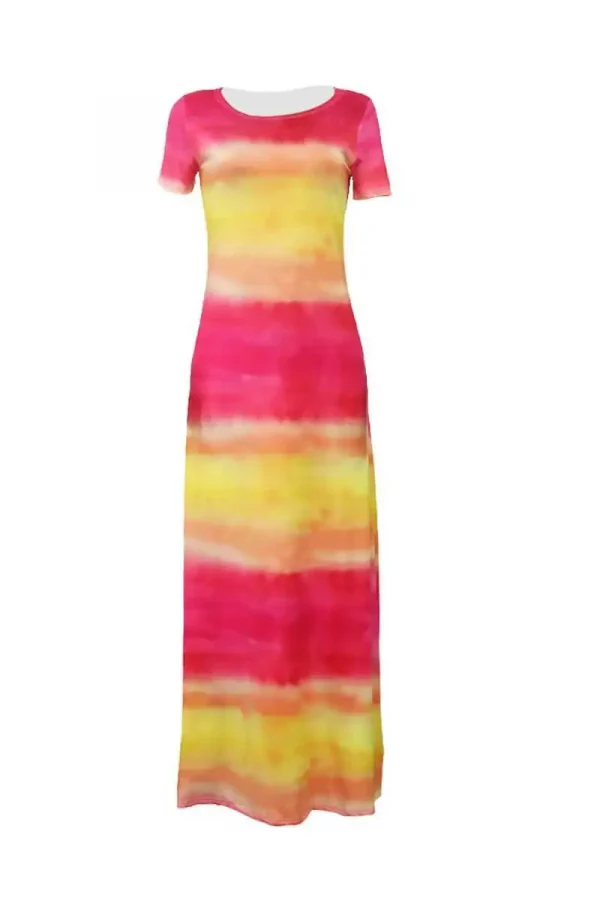 فستان ماكسي للربيع والصيف للنساء وردي أصفر بتدرج ألوان، كتف واحد، بأكمام قصيرة، ضيق، أنيق، كاجوال، للحفلات والإجازاتفستان نسائي صيفي أنيق بكشكش من الدانتيل المزهر