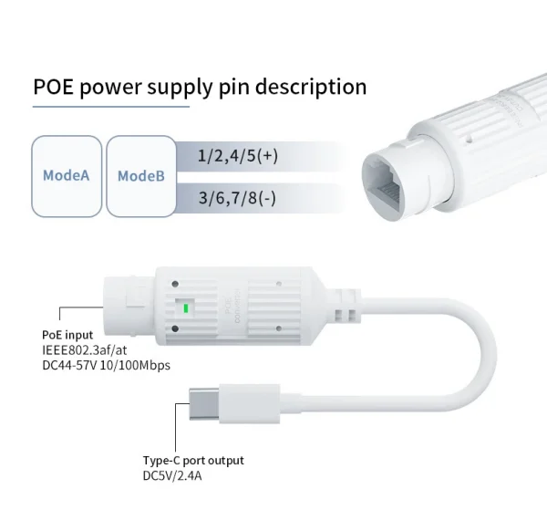 48V to 5V Water proof PoE Converter, RJ45 Port Output 5V/2A, IEEE802.3af/at for Passive 5V Devices