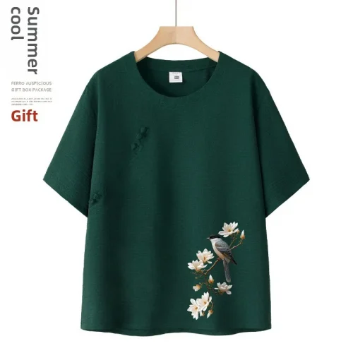 طقم حريمي صيفي بأكمام قصيرة من القطن والحرير على طراز الجدة ملابس نسائية غير رسمية ملابس منزلية قميص أمي ملابس خارجية زر طباعة الأزهار...