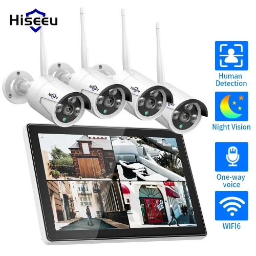 Hiseeu 3/5MP 10CH NVR مع شاشة 10.1 بوصة مجموعة كاميرات أمنية لاسلكية في الهواء الطلق كاميرا IP مقاومة للماء مجموعة نظام المراقبة بالدوائر التليفزيونية المغلقة