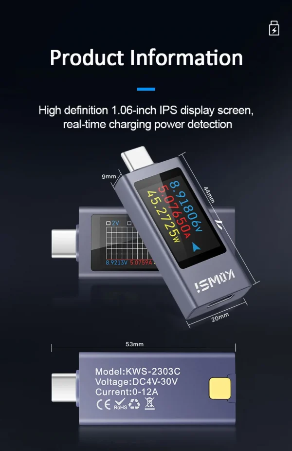 نوع-C متعدد الوظائف شاشة ديجيتال تيار مستمر الجهد مقياس التيار الكهربائي تيار مستمر 4-30 فولت 12A الفولتميتر مقياس التيار الكهربائي اختبار قدرة الشاحن