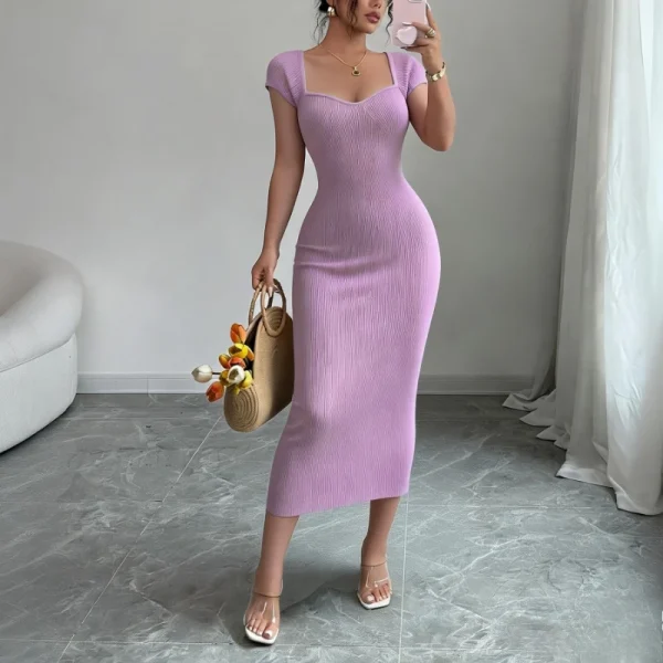 المرأة الأرجواني الحبيب الرقبة قصيرة الأكمام بسط مضلع متماسكة Bodycon ميدي فستان الصيف شاطئ عطلة حفلة فستان طويل