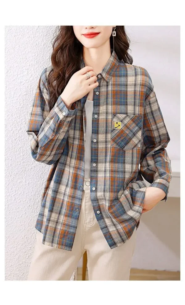 قميص مربعات للنساء في فصلي الربيع والخريف، قميص قطن خالص عصري ورجعي يتم ارتداؤه مع أجنبي