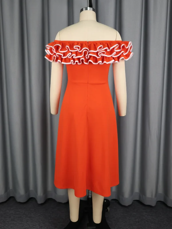 فستان عصري مكشكش مكشوف الأكتاف مع خصر مشدود، مقاس نحيف، فستان سهرة أنيق