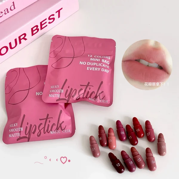 مجموعة مرطب الشفاه ماجيك كازا المكونة من 12 لونًا غير لامع، تدوم طويلاً ولا تبهت، هدية مثالية للنساء، مثالية لمهرجانات المكياج