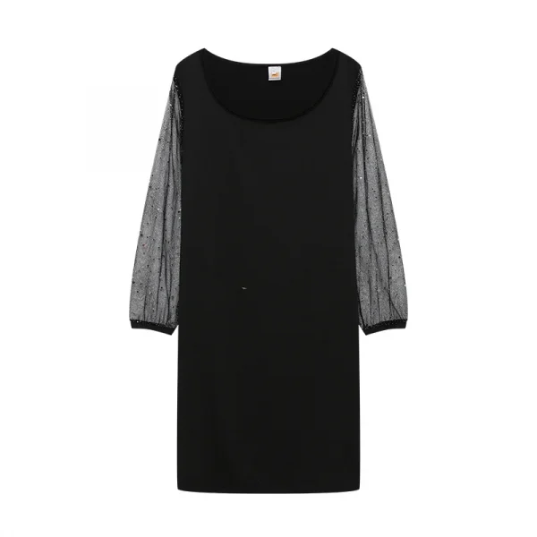 فستان نسائي من الشاش بتصميم ربيعي جديد موديل 2024 برقبة دائرية مزين بالترتر ومنظور