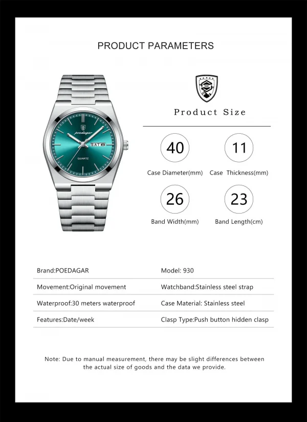 POEDAGAR ساعات رجالية فاخرة مقاوم للماء مضيئة تاريخ الأسبوع الرجال ساعة الفولاذ المقاوم للصدأ عادية موضة كوارتز رجل ساعة اليد Reloj