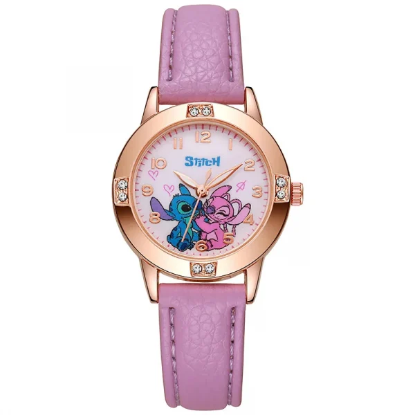 Cartoon Pattern Stitch Girls Watches for Kids Leather Strap Children Watch with Rhinestone Dial reloj stich Exquisite Gift